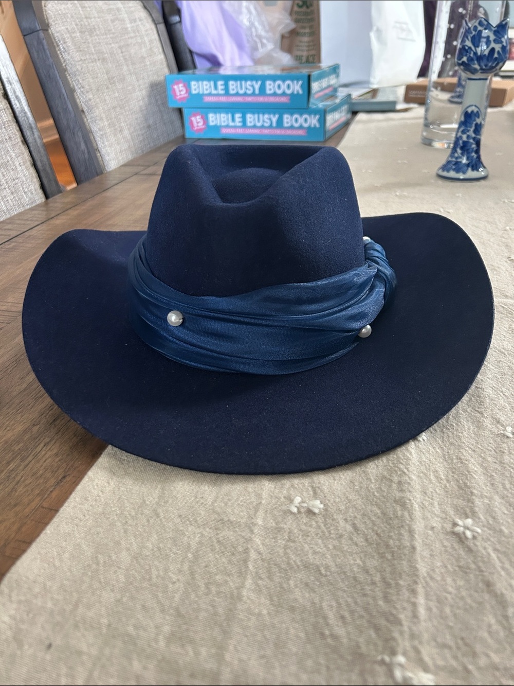 Lele Sadoughi Navy Wide-Brim Fedora with Satin Band and Pearls